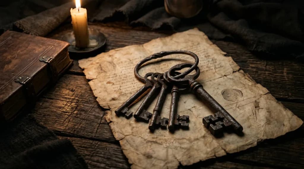 Chiavi antiche su pergamena con ceralacca, libro e candela su tavolo di legno.