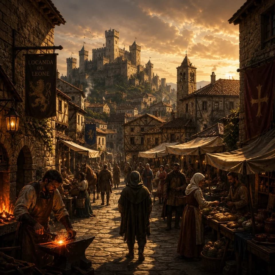 Strada medievale con locanda, fucina e castello sullo sfondo alla luce dorata del tramonto.