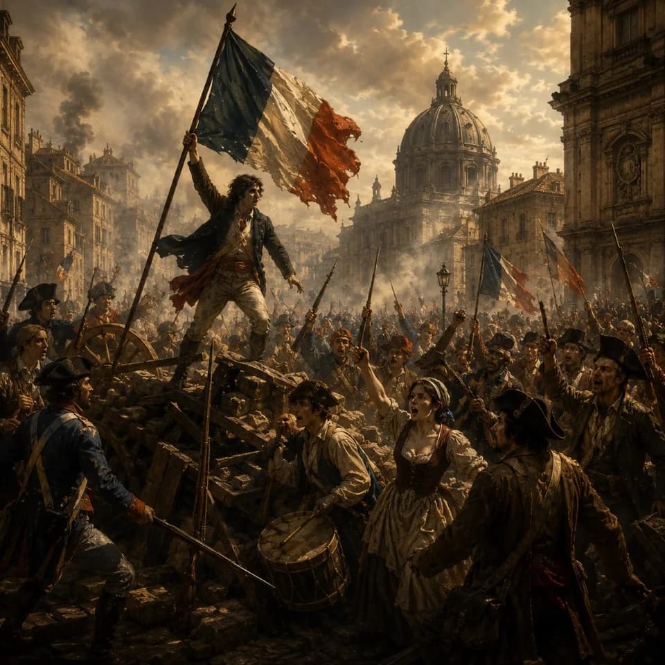 Scena rivoluzionaria con bandiera tricolore su una barricata e folla in una città europea.
