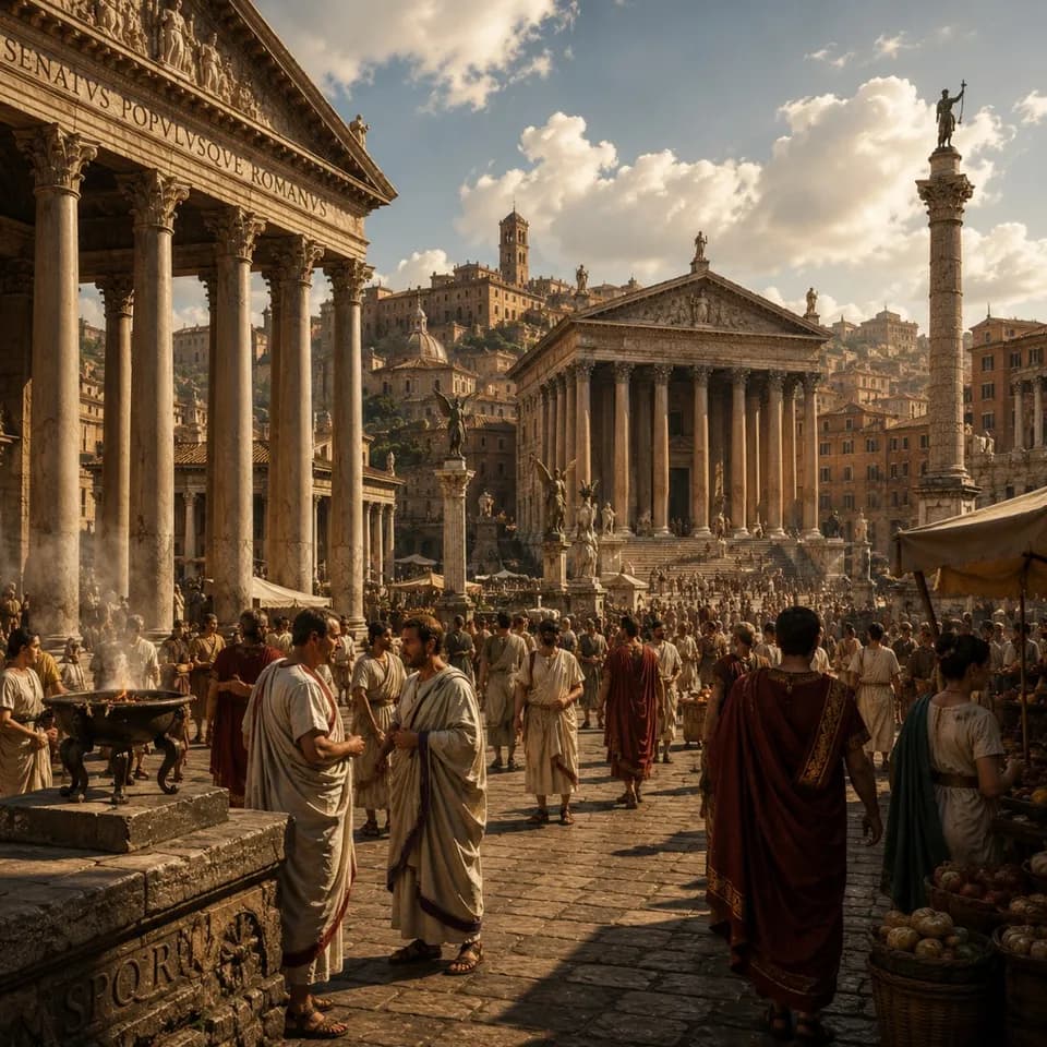 Foro romano affollato con templi, colonne e iscrizione SPQR sotto un cielo luminoso.