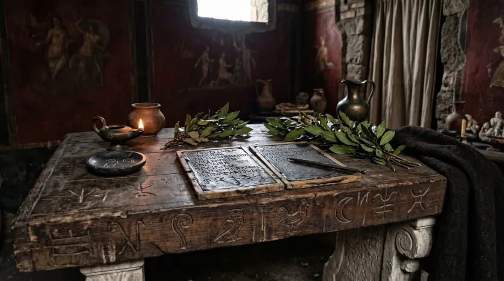 Altare romano con lampada a olio, tavolette di cera e rami di alloro su muro pompeiano.