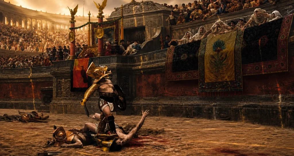 Arena romana al tramonto: gladiatore vittorioso, folla nell'anfiteatro e loggia imperiale — scena epica da Pollice Verso.