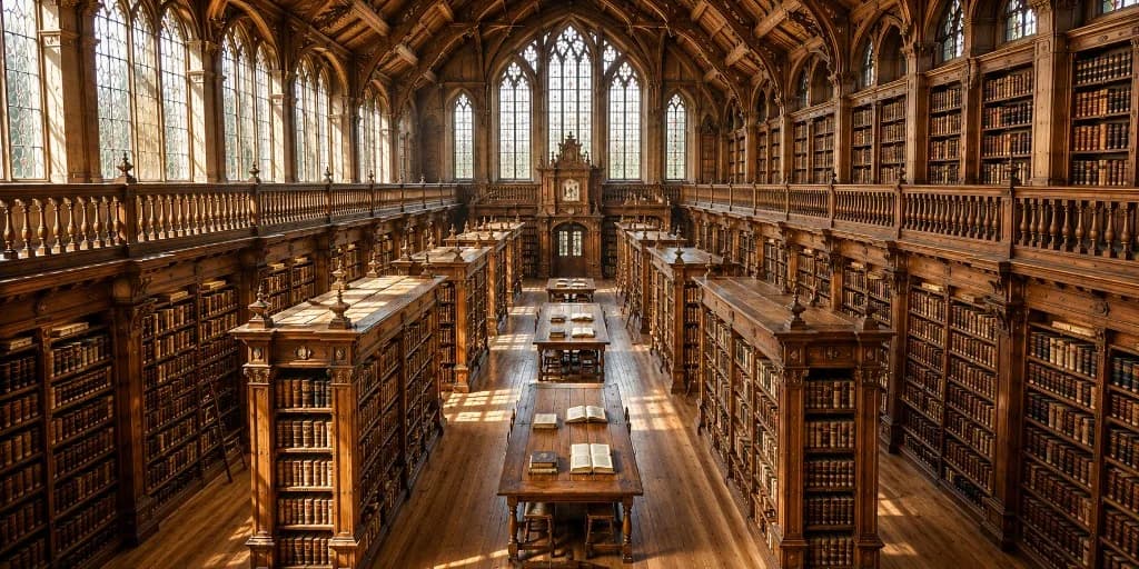 Grande biblioteca storica in legno con scaffali pieni di libri illuminati dalla luce del giorno